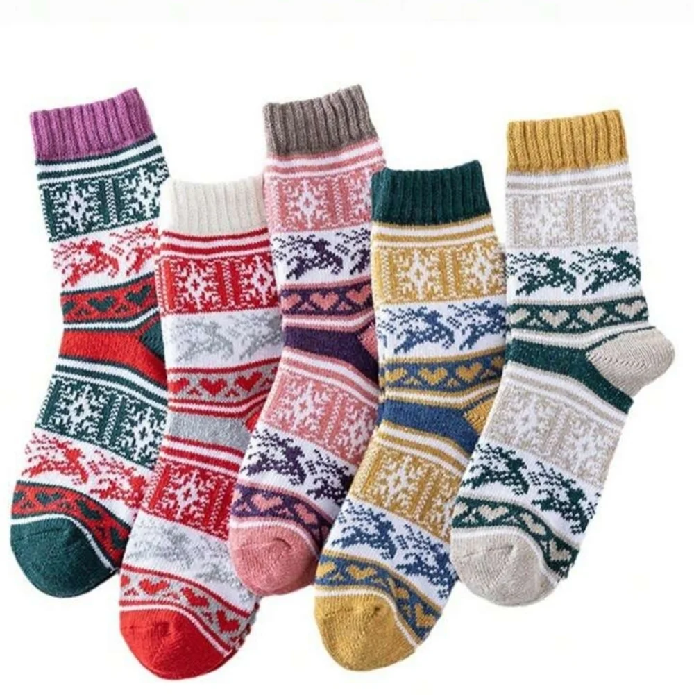 5 Pair Colorful Nordic Fair Isle Reindeer Thickened Wool Blend Warm Socks